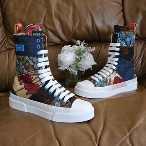 New Women's Dolce & Gabbana Exotic Fabric Leather Luxury Mid-Calf Bootie Sz 8 US